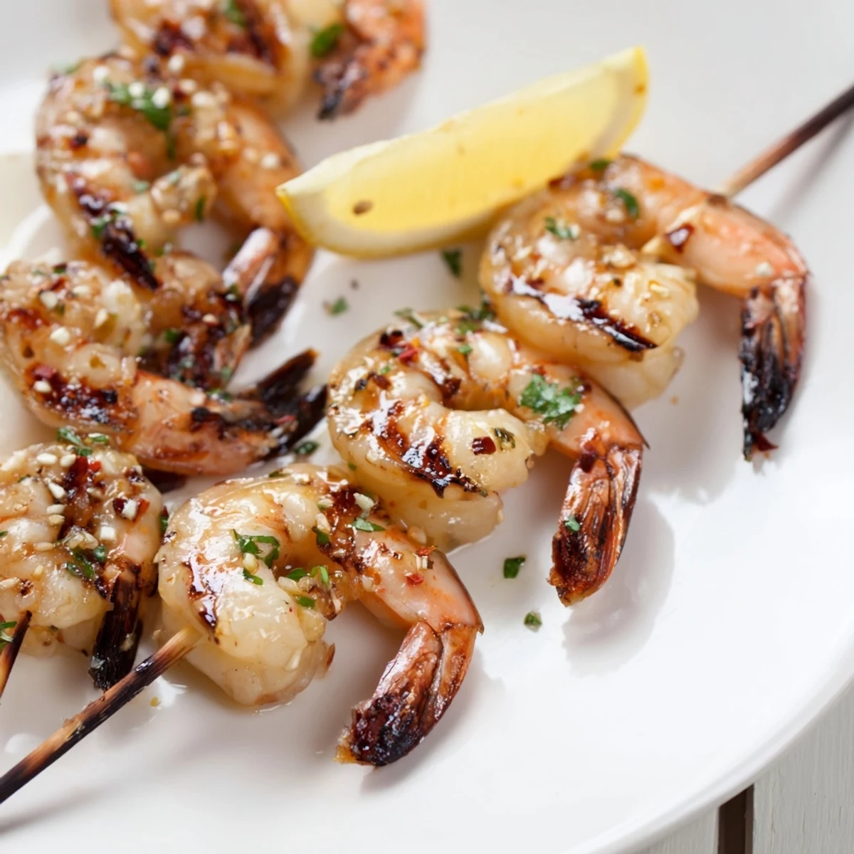 Juicy Marinated Grilled Shrimp skewers served with parsley and lemon wedges.