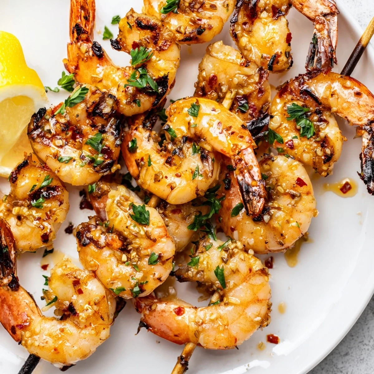 Marinated Grilled Shrimp sizzling on a hot grill, garnished with lemon.