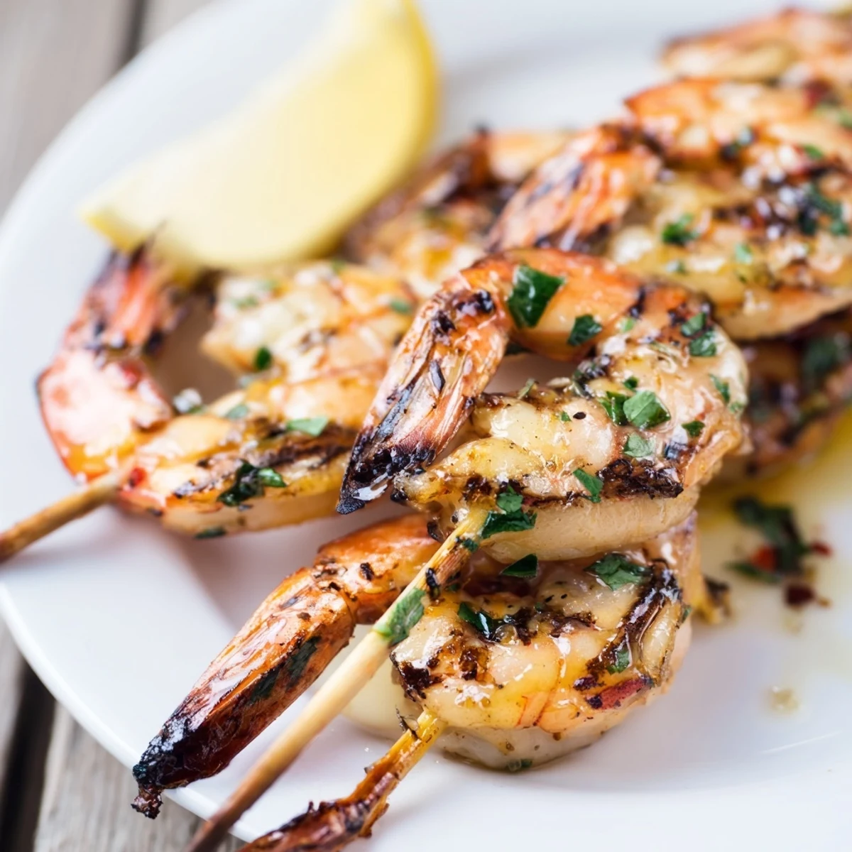 Bright Marinated Grilled Shrimp tossed in zesty garlic-lemon marinade, ready to serve.