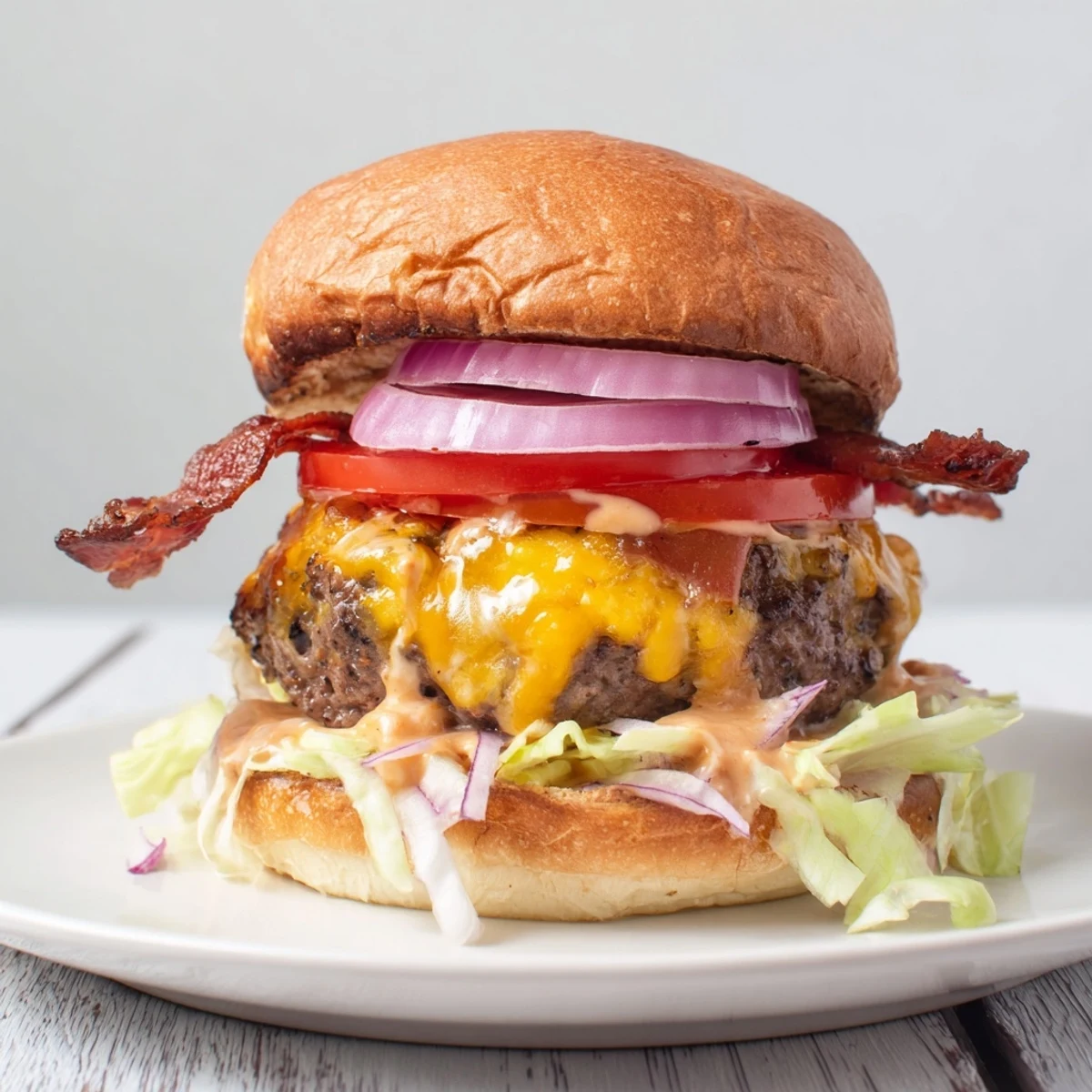 Irresistible Crack Burgers topped with melty cheddar, crispy bacon, and glossy sauce