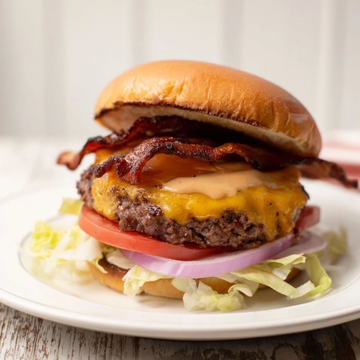 Close-up of Irresistible Crack Burgers oozing sauce, smoky aroma suggested by bacon
