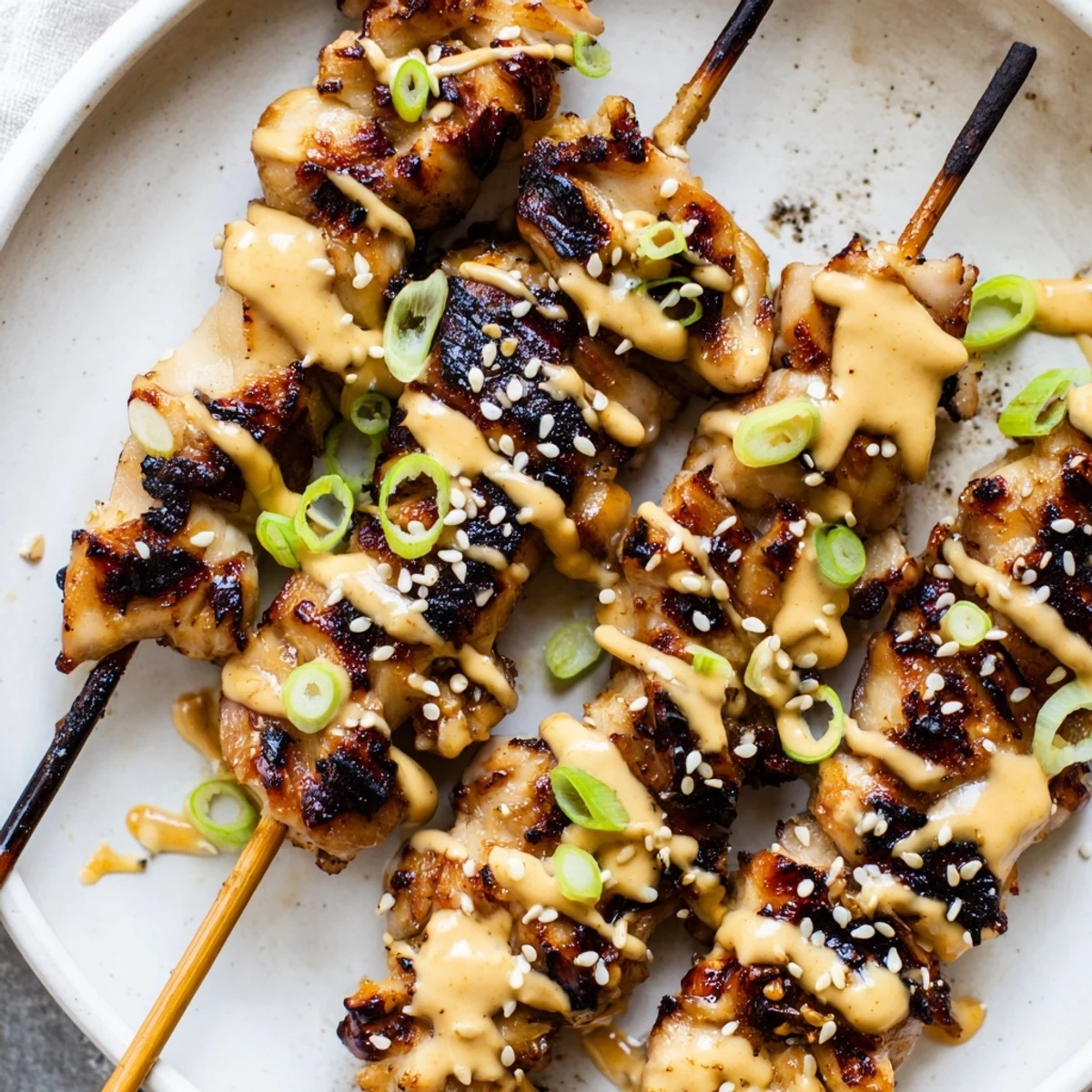 Platter of charred Bang Bang Chicken Skewers, sprinkled with sliced scallions