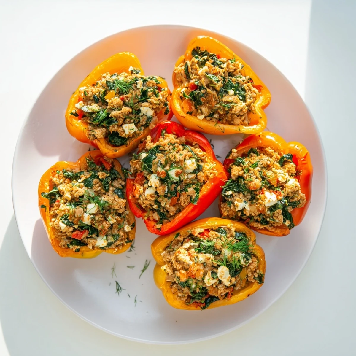 Golden baked bell peppers overflowing with savory ground chicken Greek stuffing and melted feta cheese