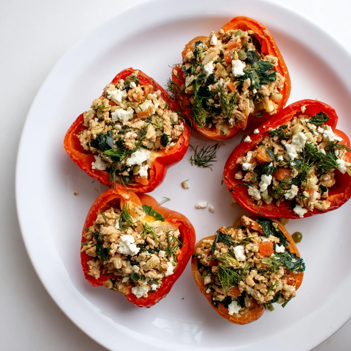 Tender roasted peppers stuffed with Mediterranean seasoned chicken mixture, fresh herbs, and crumbled feta