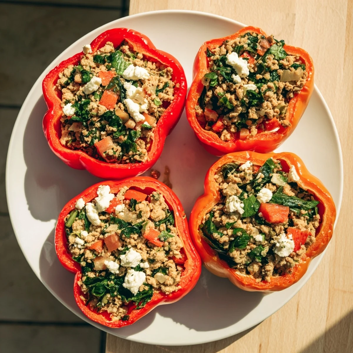 Colorful bell pepper halves filled with aromatic ground chicken Greek stuffing, spinach, and cheesy feta topping