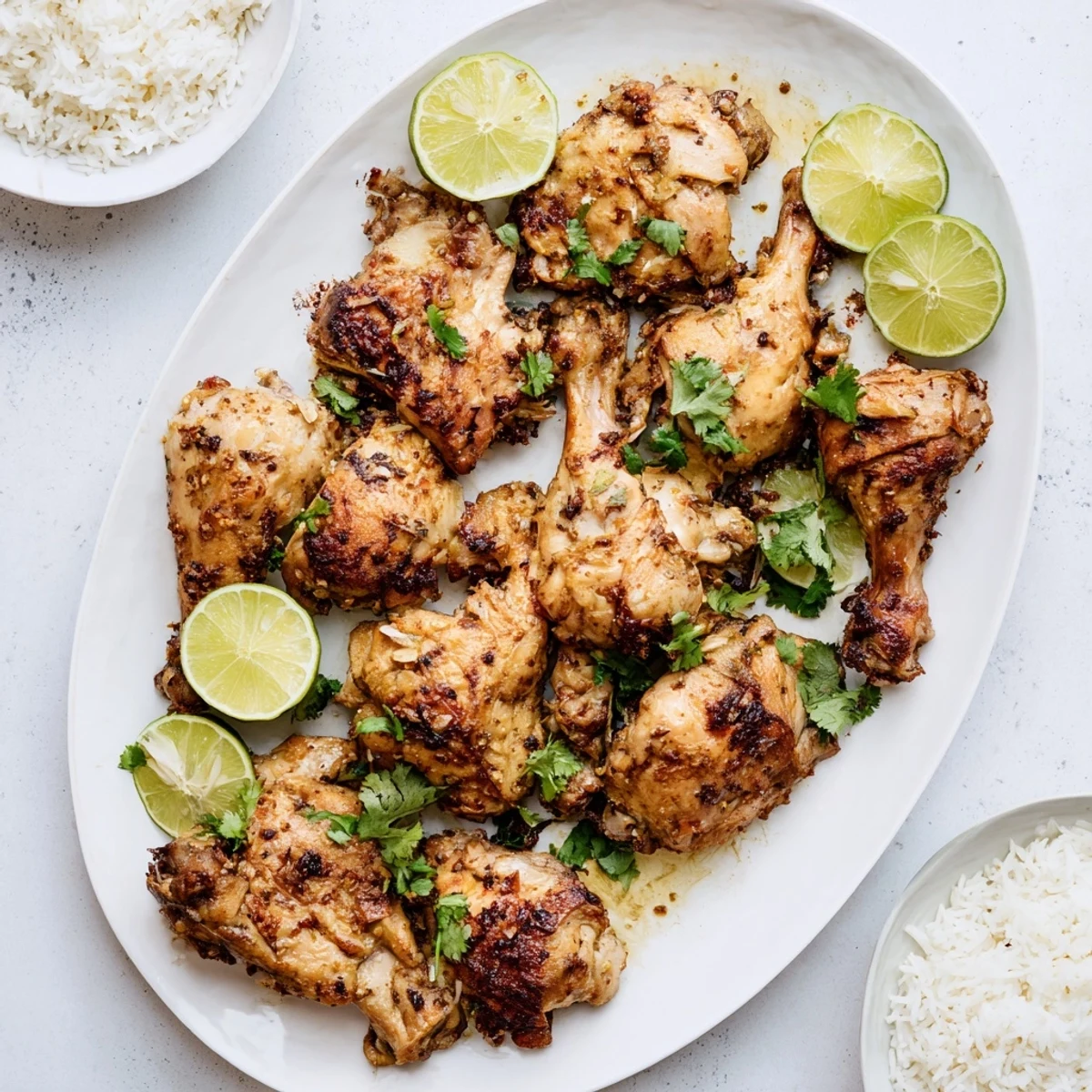 Golden roasted Ina Garten Indonesian Chicken with crispy glazed skin and fresh cilantro garnish on a white serving plate