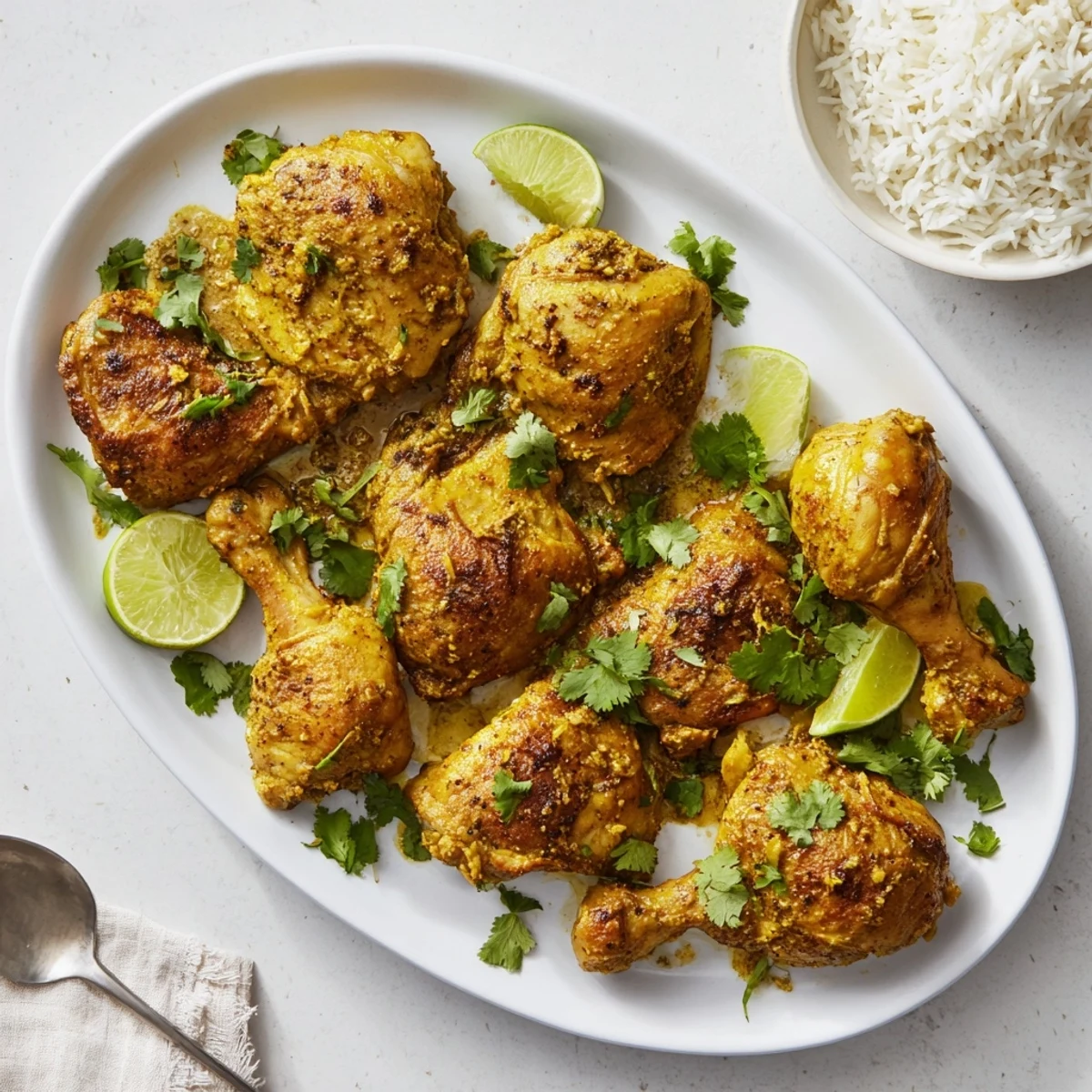 Tender coconut milk marinated chicken pieces arranged on a roasting pan with golden brown caramelized edges and lime wedges