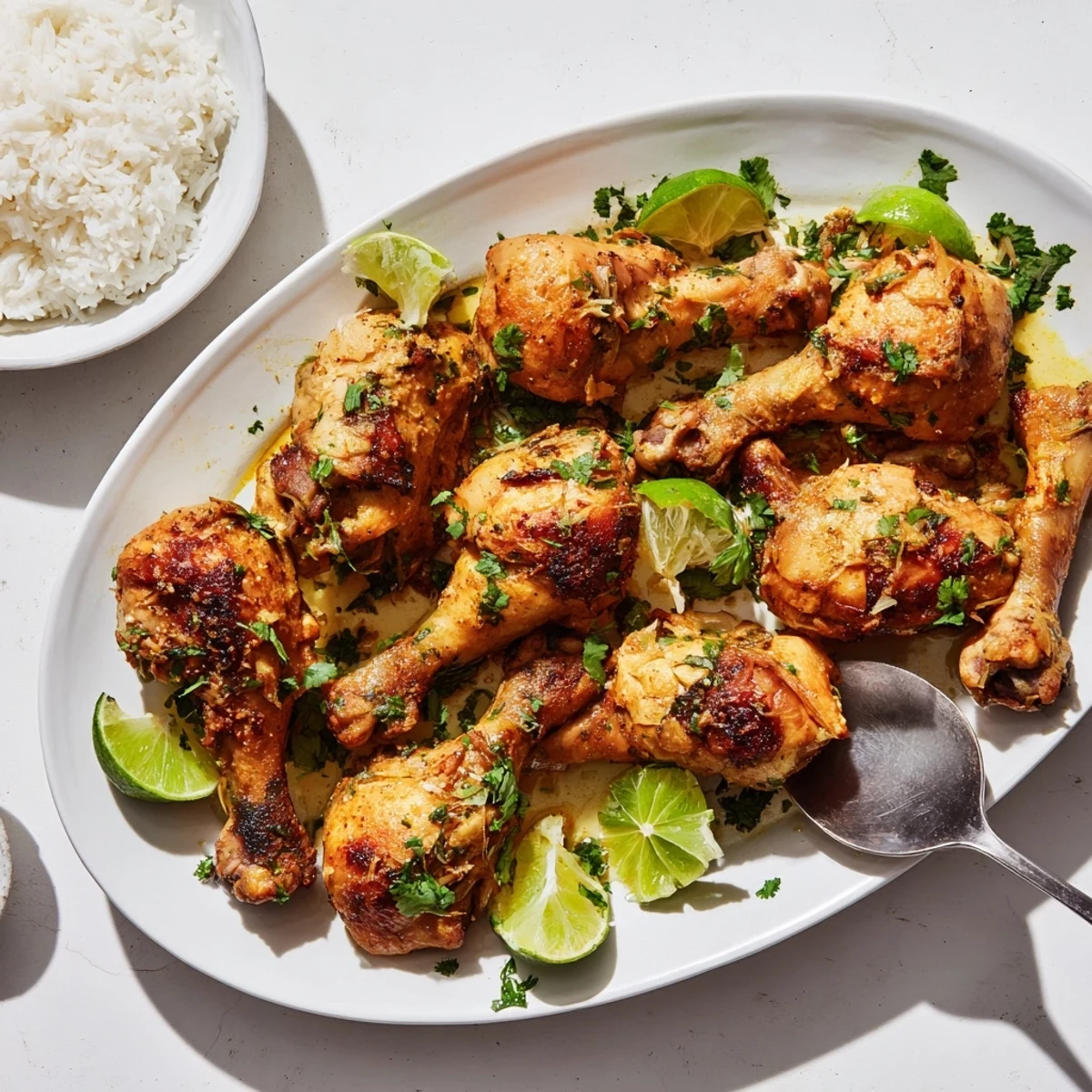 Oven-baked Indonesian chicken thighs and drumsticks brushed with aromatic spice marinade served over steamed white rice with herbs