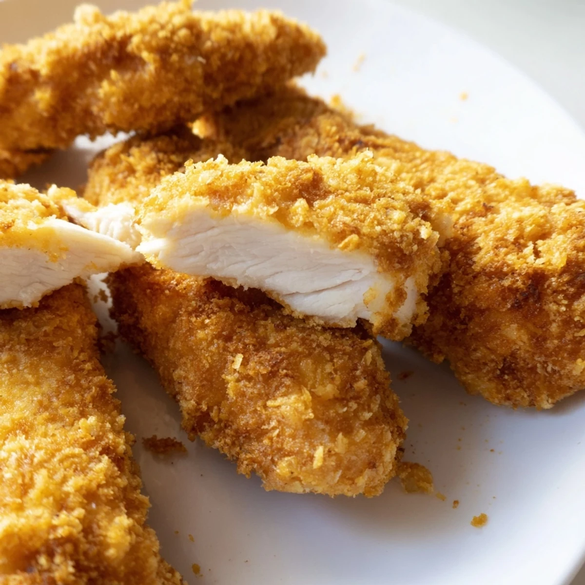 Golden brown Air Fryer Chicken Tenders arranged on a white plate with fresh herbs