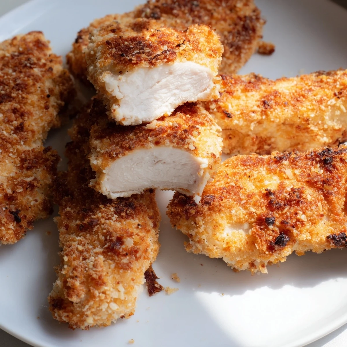 Juicy Air Fryer Chicken Tenders showing golden panko coating alongside lemon wedges and celery