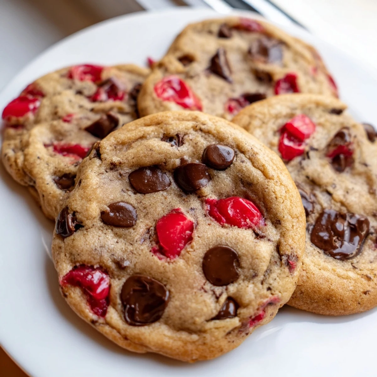 Freshly baked maraschino cherry chocolate chip cookies with colorful cherry pieces and melted chocolate chips on a wooden board