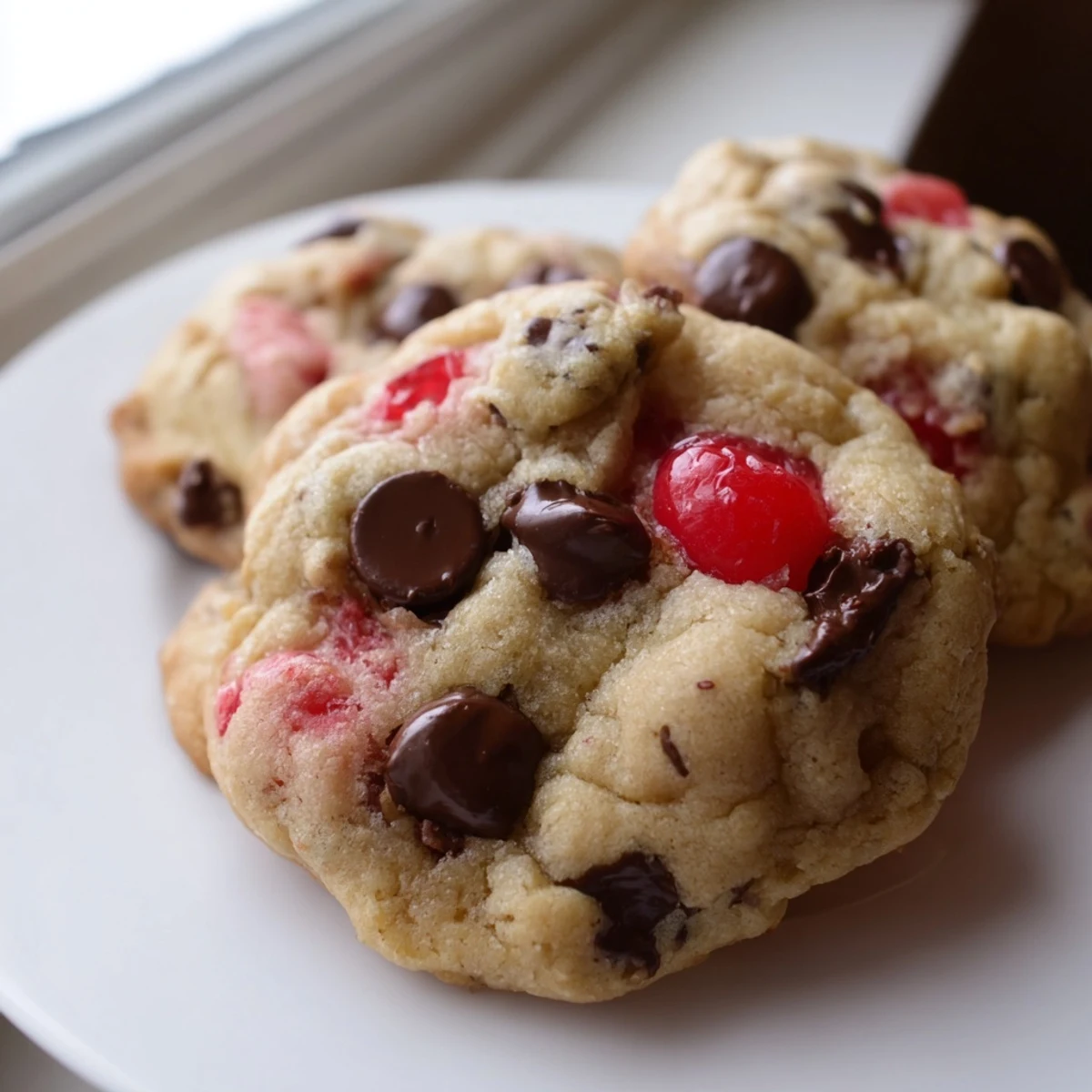 Golden maraschino cherry chocolate chip cookies cooling on a wire rack with juicy red cherries visible throughout the dough