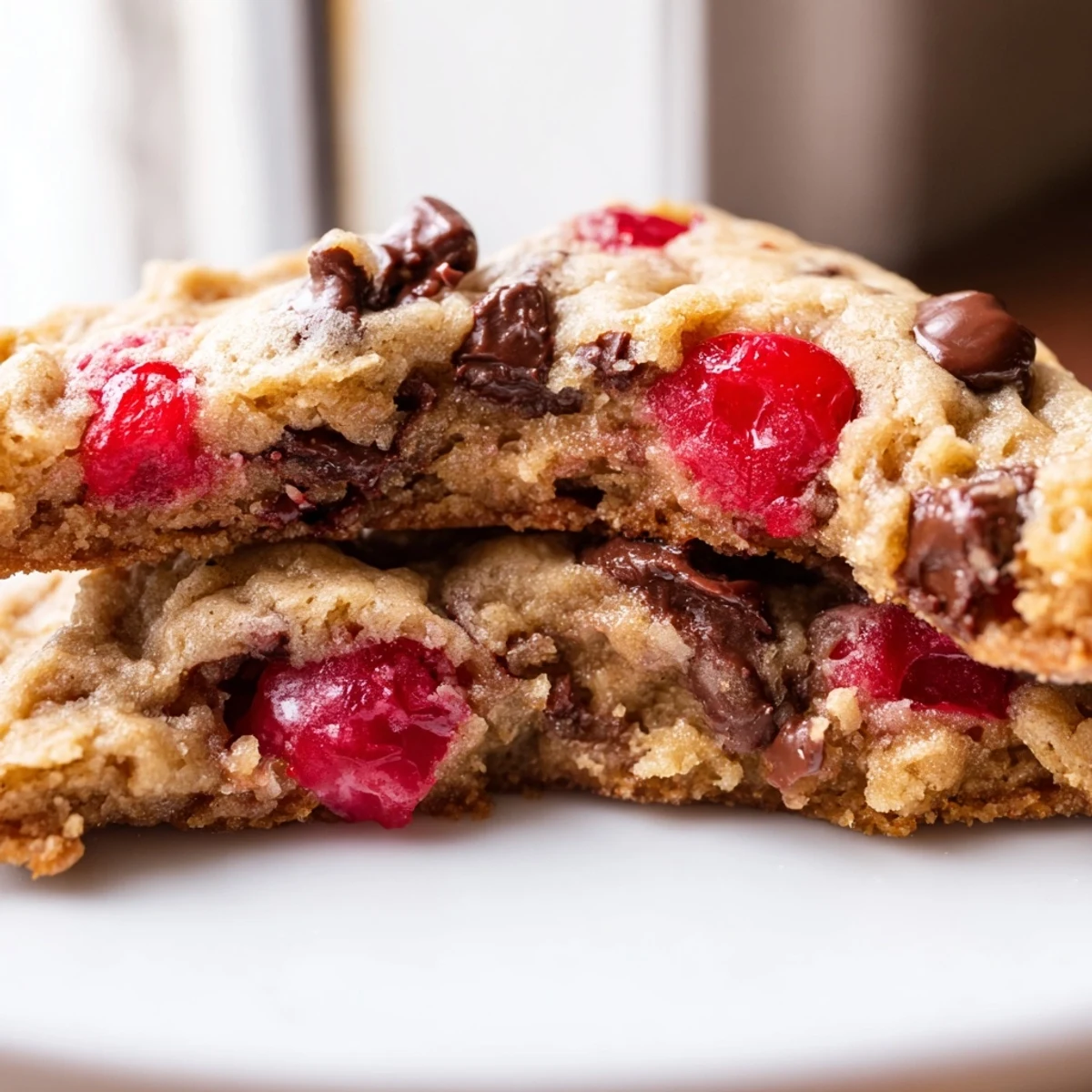 Homemade maraschino cherry chocolate chip cookies stacked high showing tender texture with chocolate chunks and bright cherry flecks