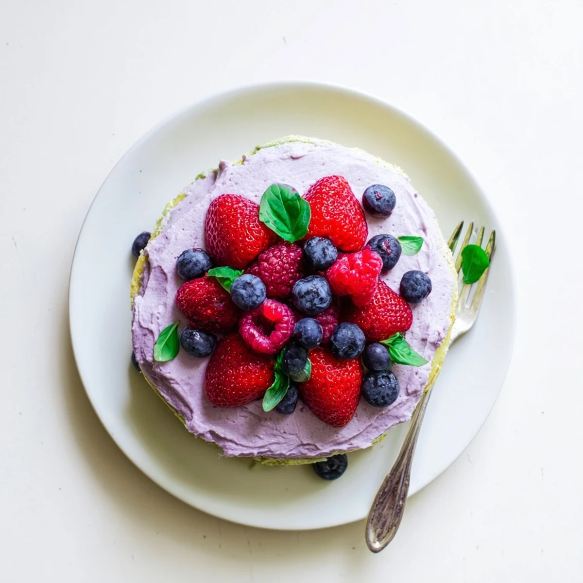 Golden basil berry cake frosted with purple berry cream topped with fresh strawberries and basil