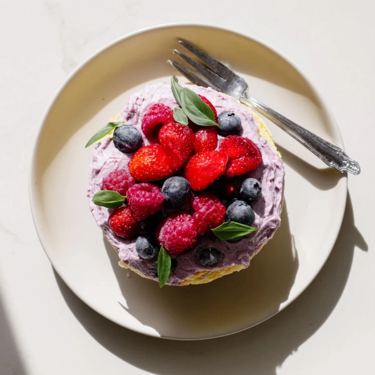Homemade basil berry cake showing swirled purple frosting and scattered fresh mixed berries