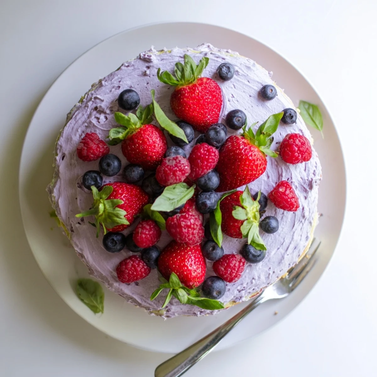 Slice of berry basil cake on white plate decorated with raspberries and green basil leaves