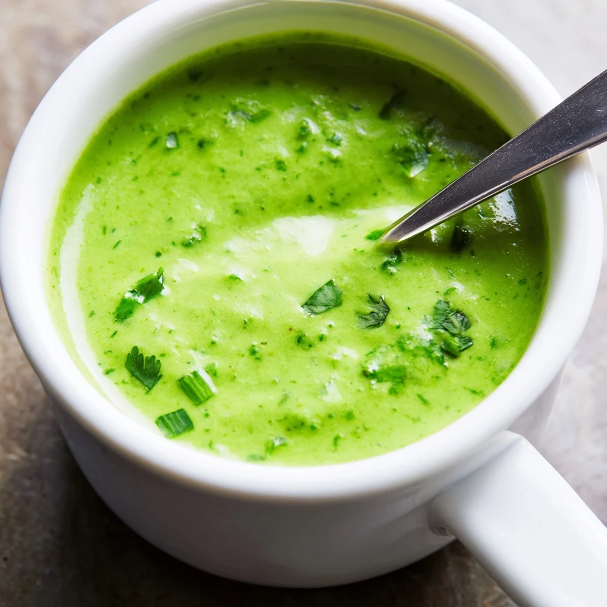 Vibrant green aji verde Peruvian sauce drizzled over grilled chicken and roasted vegetables