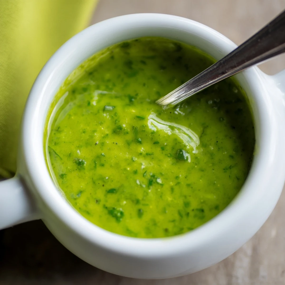 Creamy Peruvian green sauce aji verde served in a white bowl with fresh cilantro garnish
