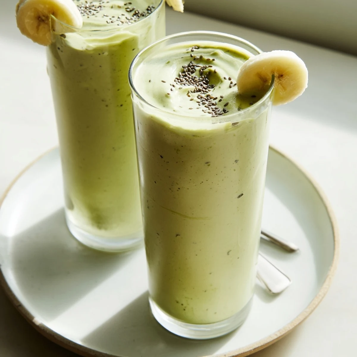 Creamy Matcha Smoothie with banana and oat milk, chilled in glass.