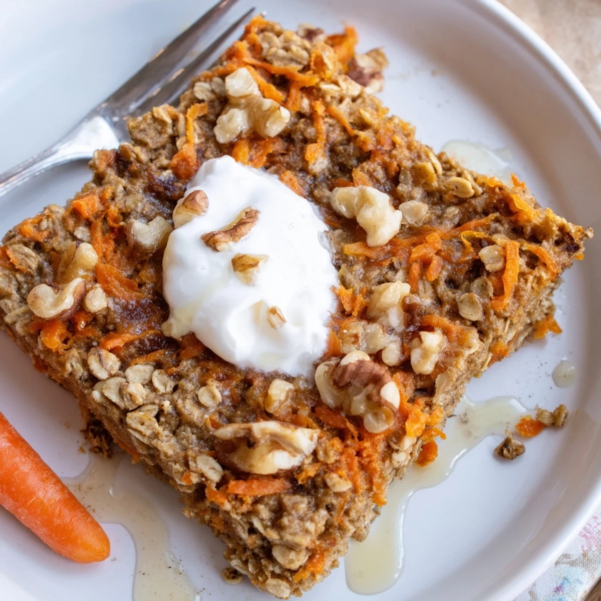 Warm Carrot Cake Baked Oatmeal fresh from oven, cinnamon-scented slices