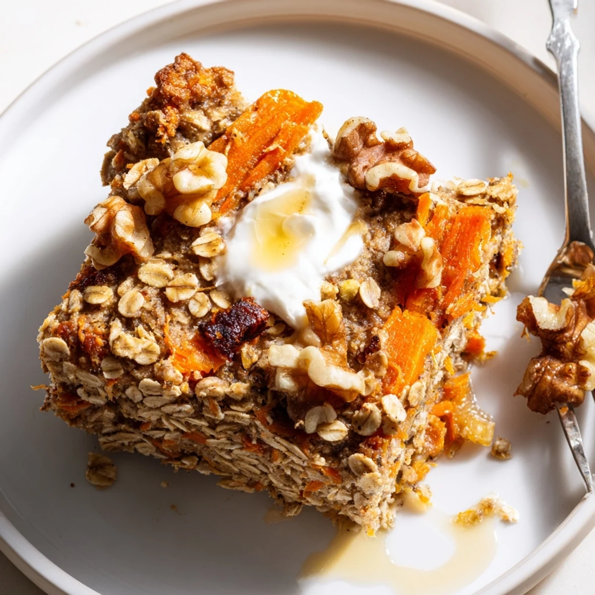 Moist Carrot Cake Baked Oatmeal studded with walnuts, served with yogurt