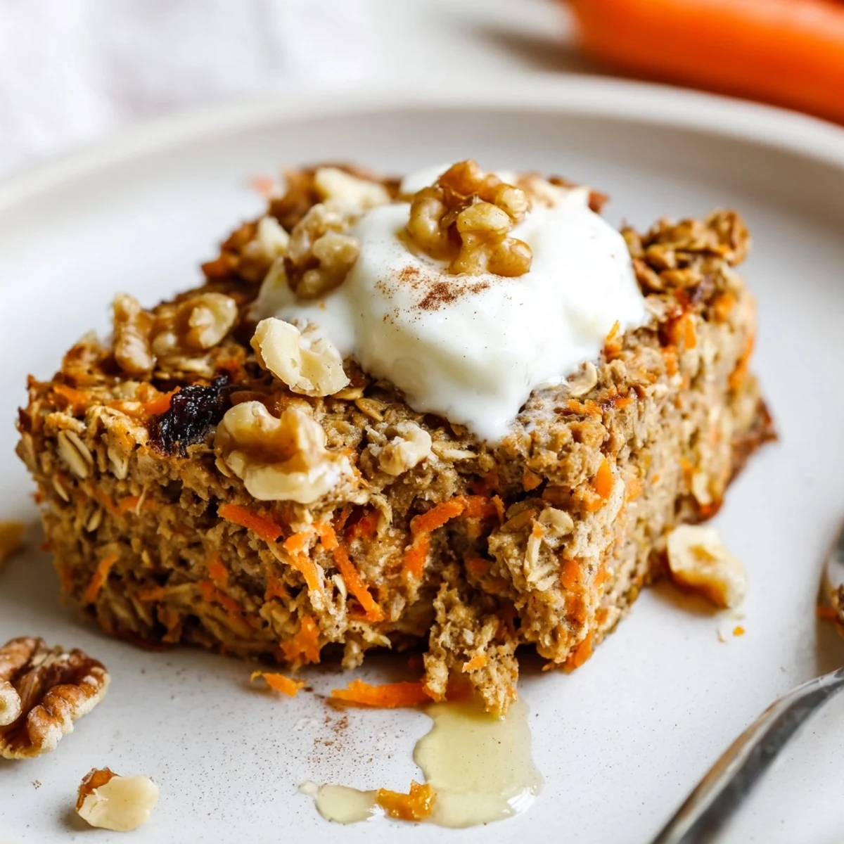 Golden-topped Carrot Cake Baked Oatmeal cooling in dish, maple drizzle optional