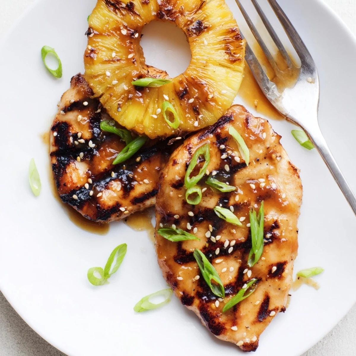 A plate of Grilled Aloha Chicken, juicy breasts beside charred pineapple