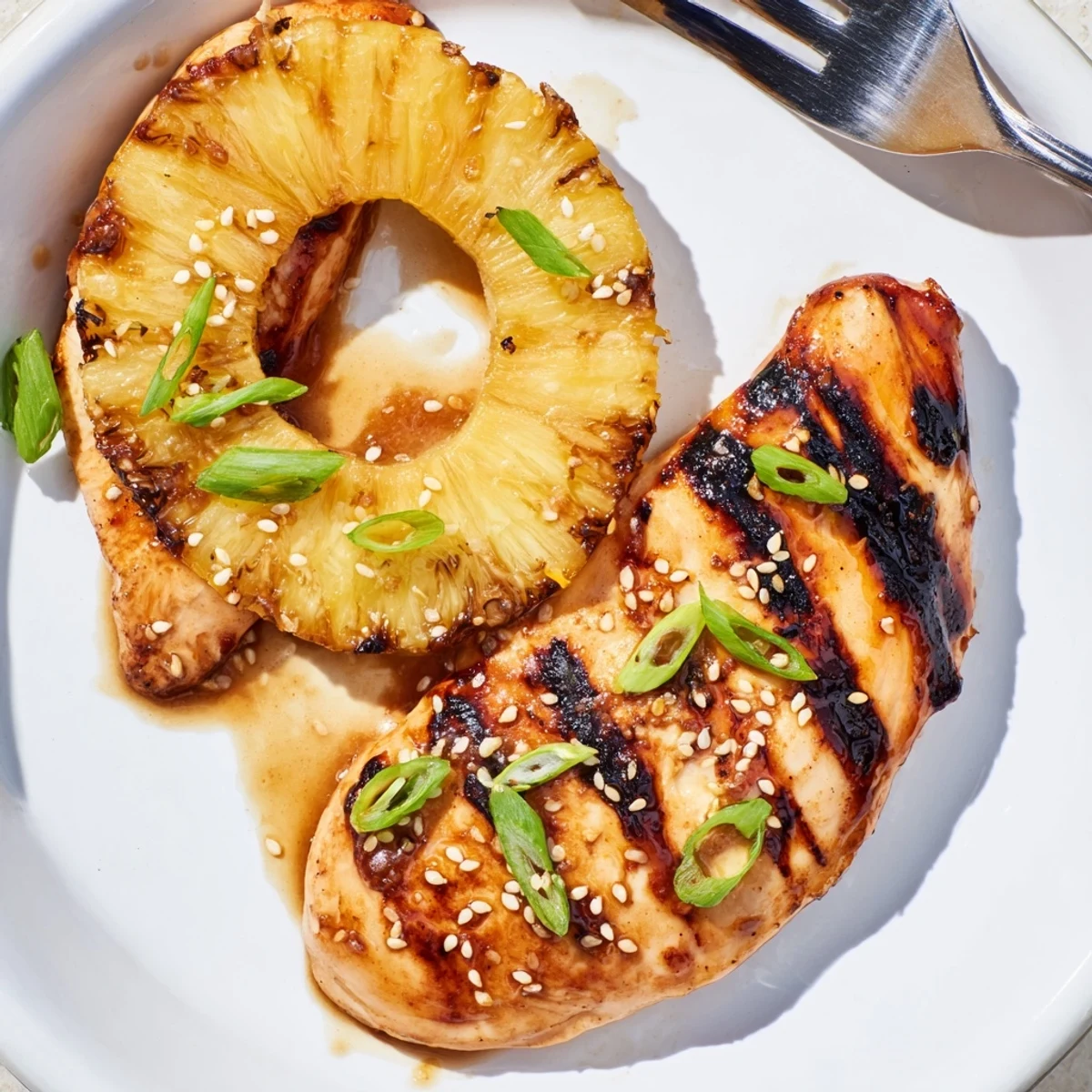 Grilled Aloha Chicken with charred pineapple, glistening glaze, sprinkled green onions