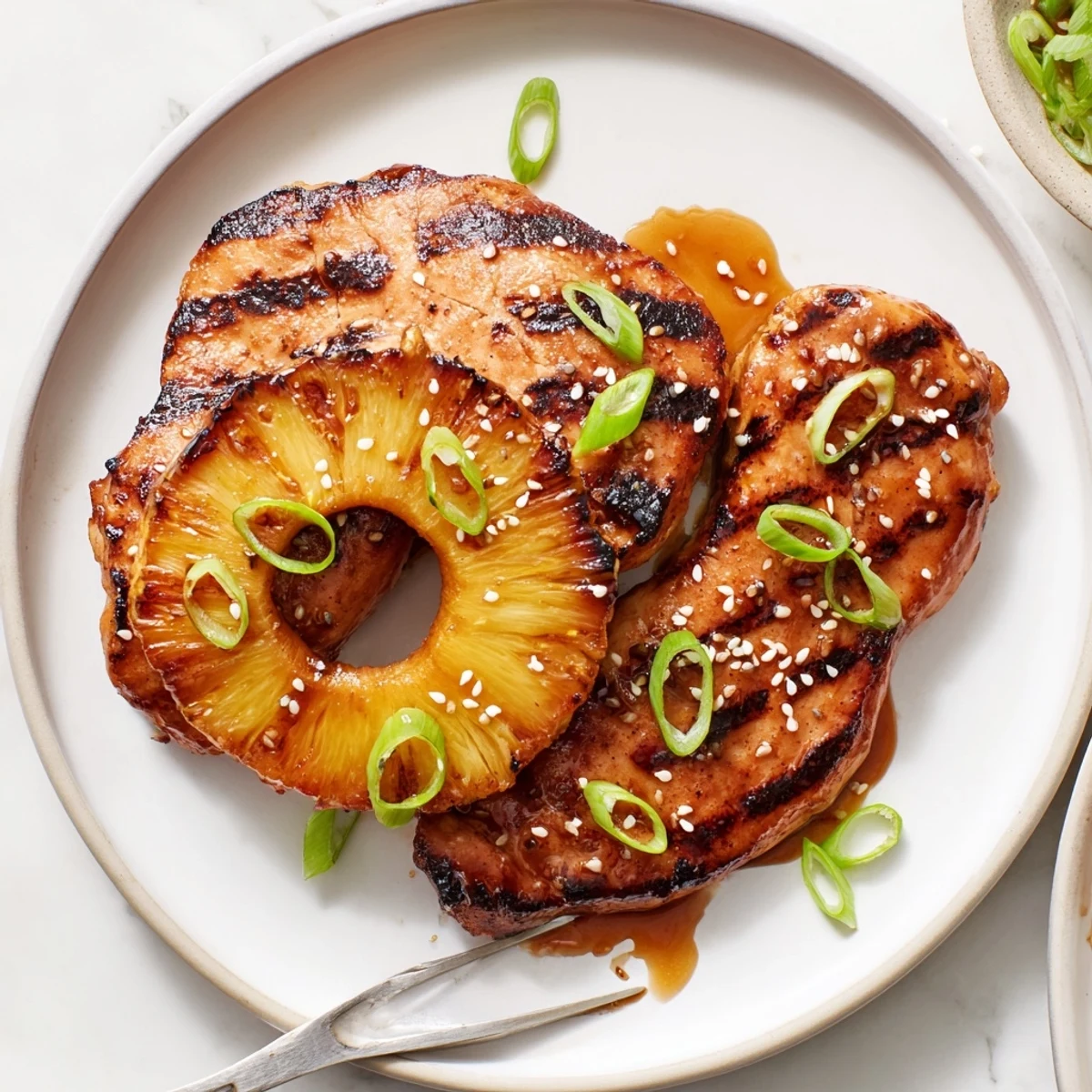 Grilled Aloha Chicken marinated in pineapple-soy, caramelized edges, served warm