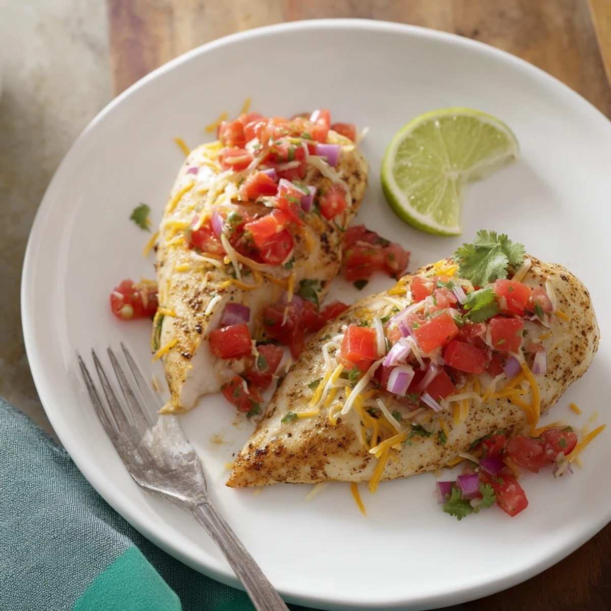 Oven-roasted Salsa Fresca Chicken Bake on serving plate, cilantro garnish, juicy