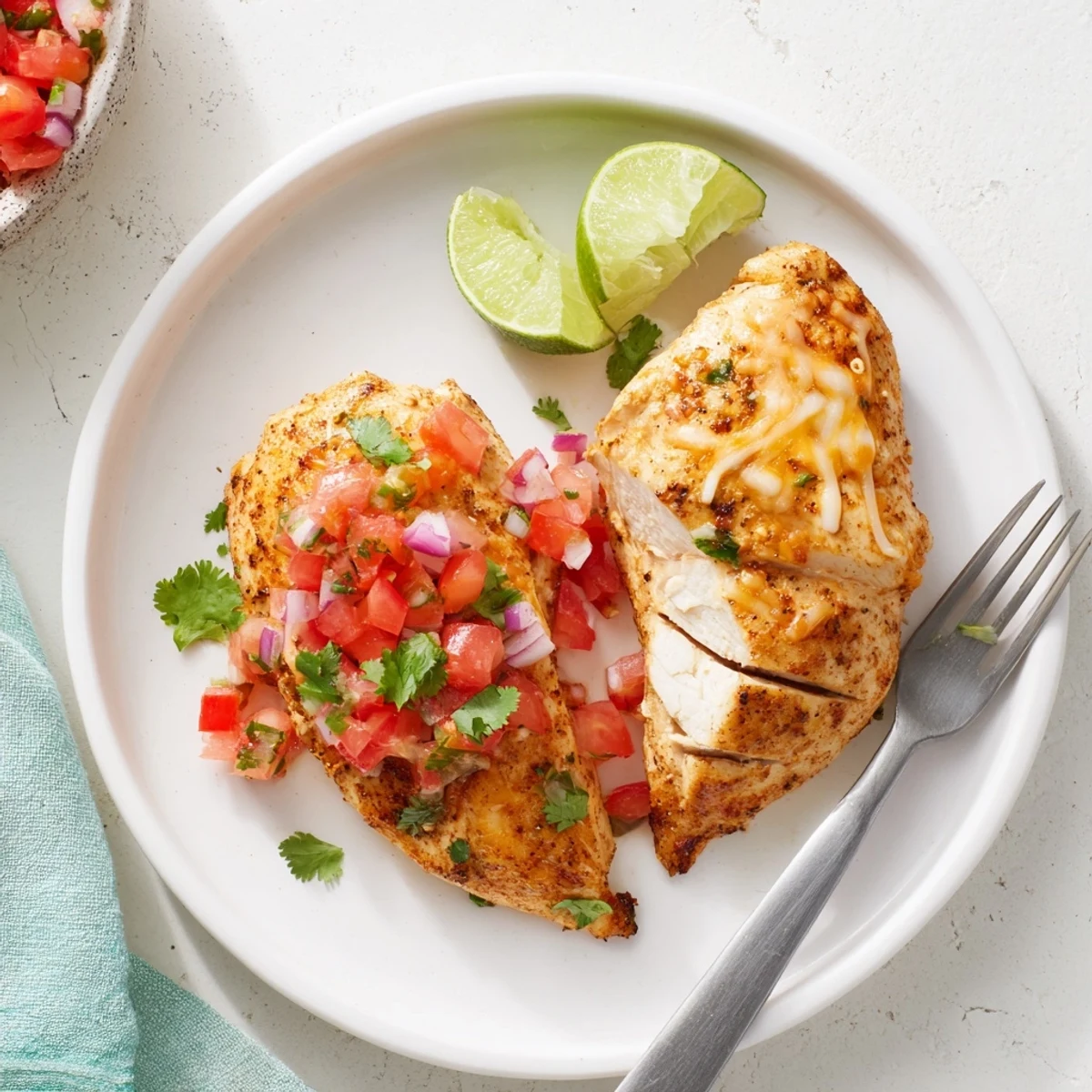 Easy Salsa Fresca Chicken Bake topped with melty cheese, served with lime