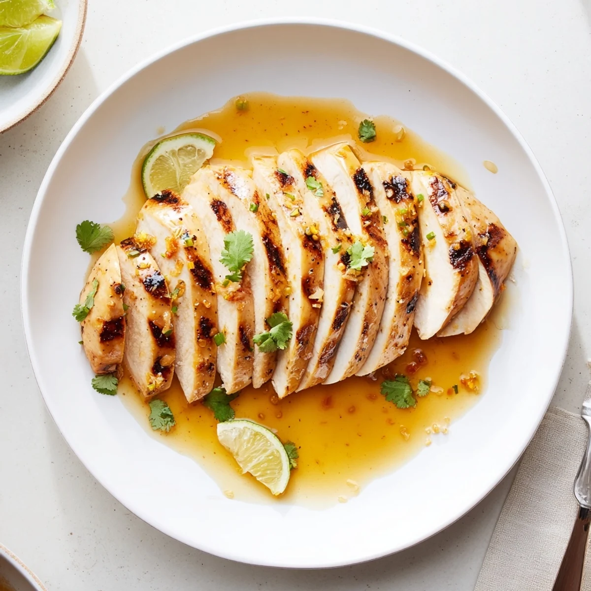 Key West Grilled Chicken With Tropical Citrus Marinade glistening, charred grill marks, lime wedges