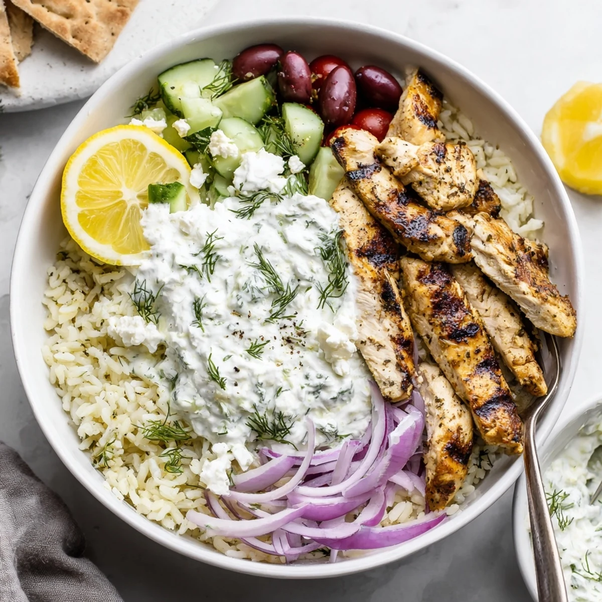 Greek Chicken Bowls with juicy grilled chicken, tangy tzatziki and lemon wedges