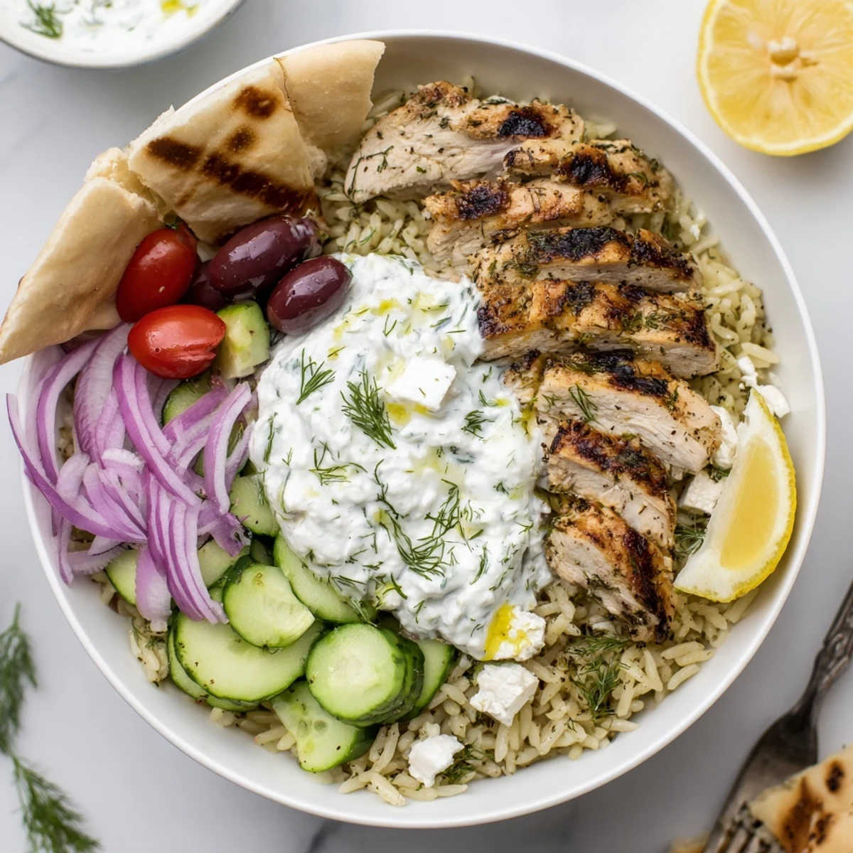 Bright Greek Chicken Bowls, herbed rice, cherry tomatoes, cucumber, creamy feta dollop