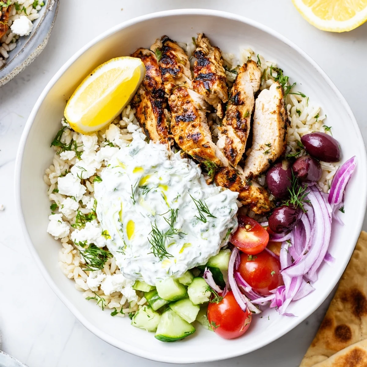 Steaming Greek Chicken Bowls topped with smoky paprika chicken and cool tzatziki