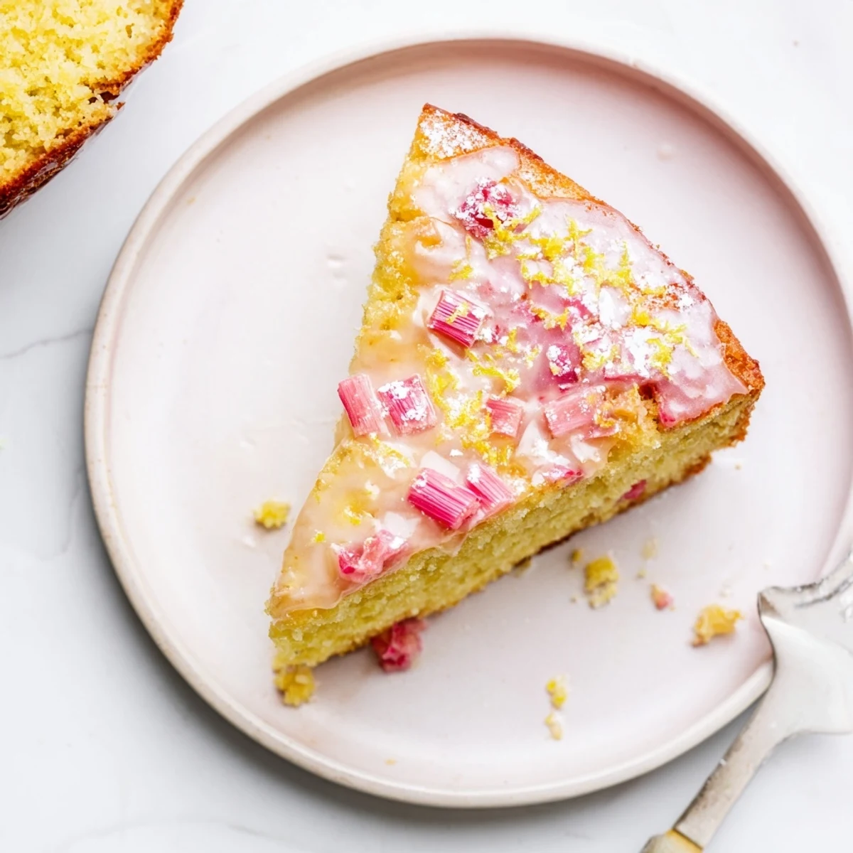 Moist zesty rhubarb lemon drizzle cake slice topped with tangy lemon sugar glaze