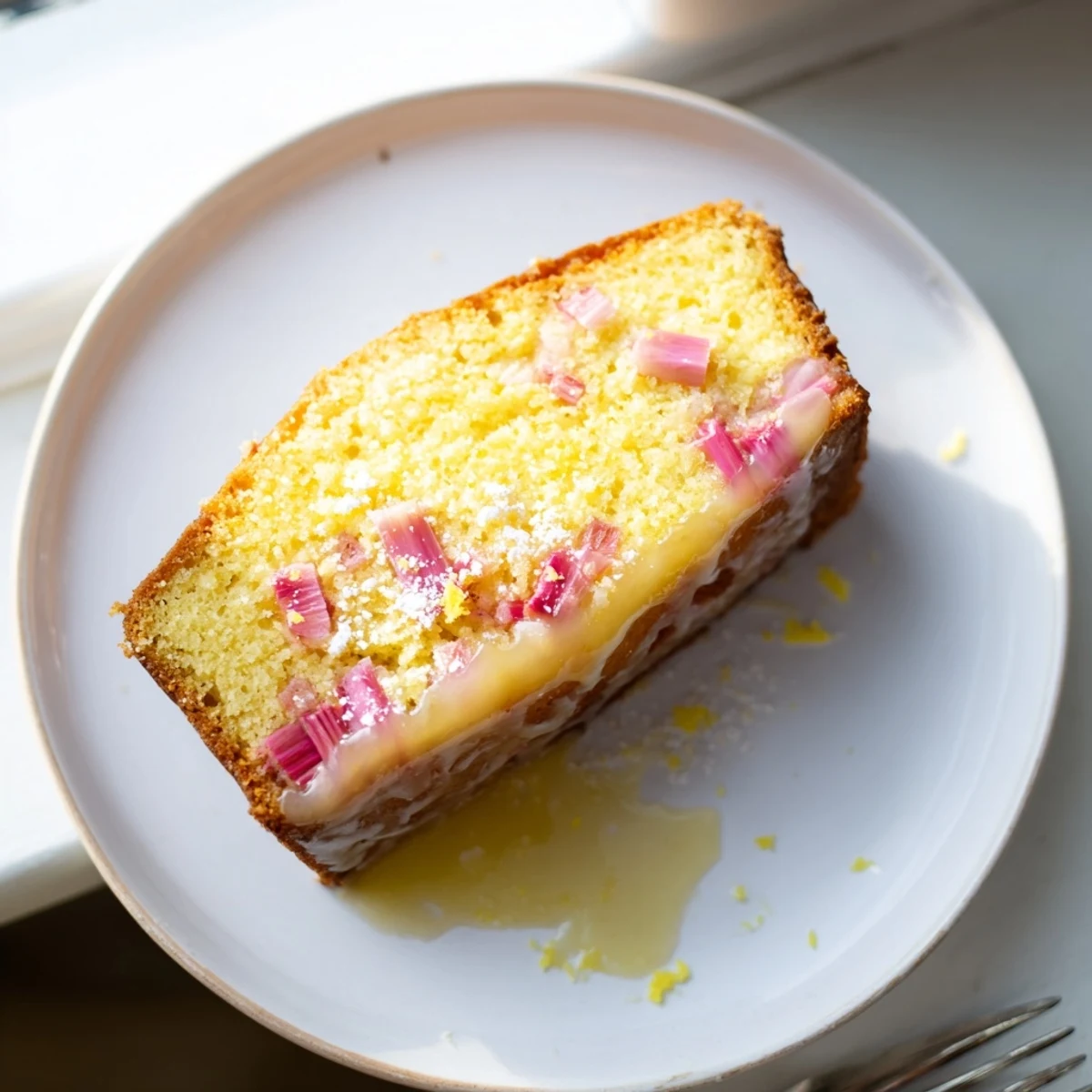 Golden rhubarb lemon drizzle cake with glistening icing and fresh lemon zest garnish