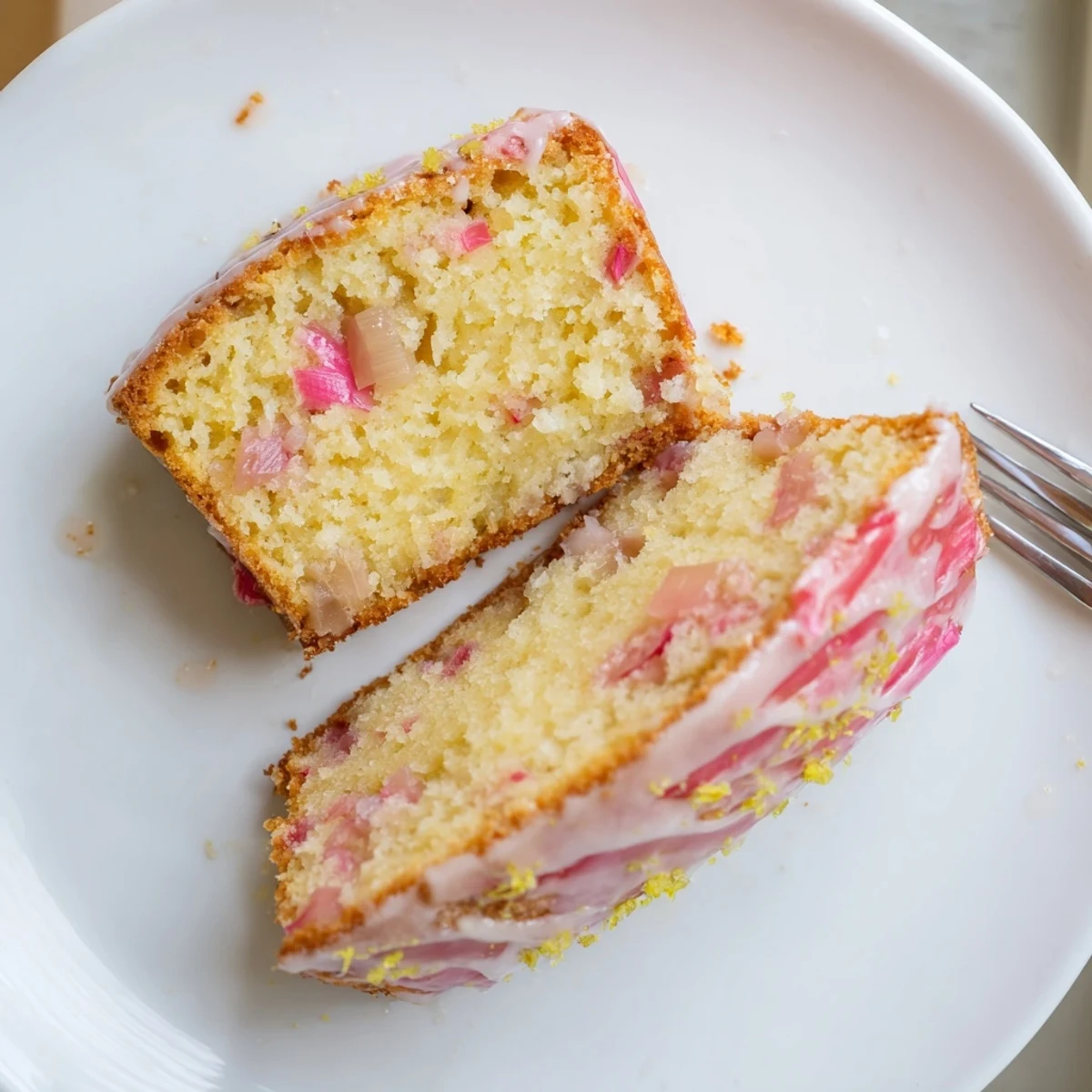 Homemade rhubarb lemon drizzle cake speckled with pink rhubarb pieces and sweet lemon coating