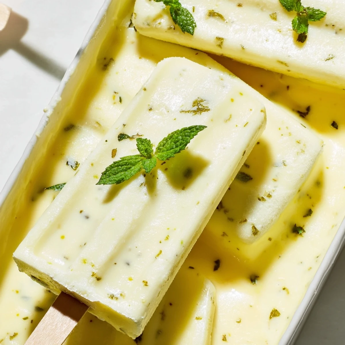 Homemade frozen lemon yogurt popsicles featuring smooth texture and vibrant lemon garnish