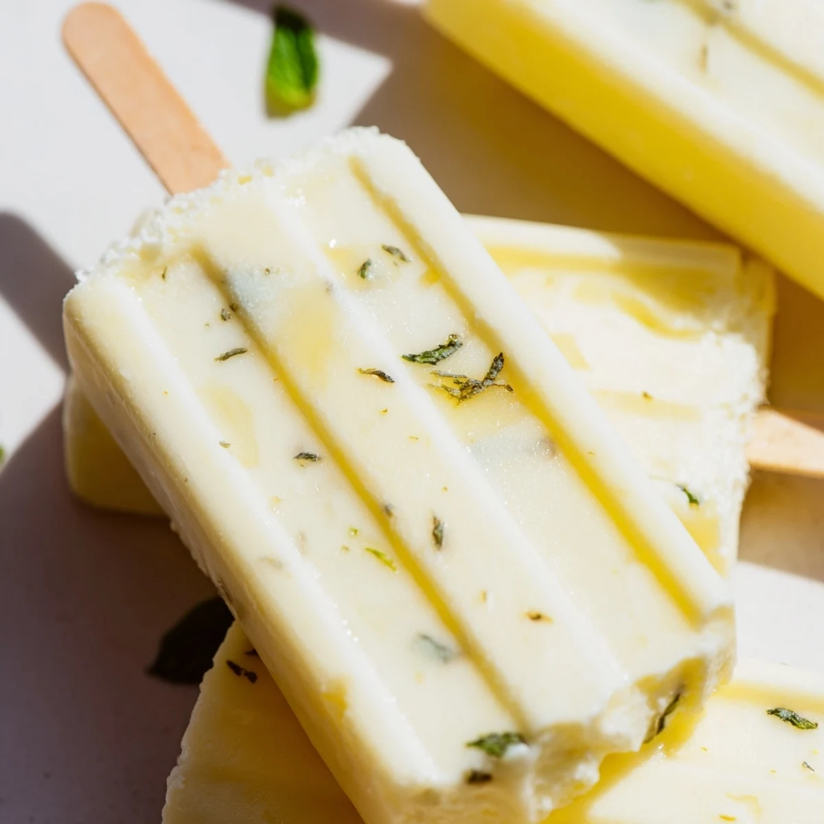 Creamy Greek yogurt lemon popsicles with bright yellow hue and tangy frozen crystals