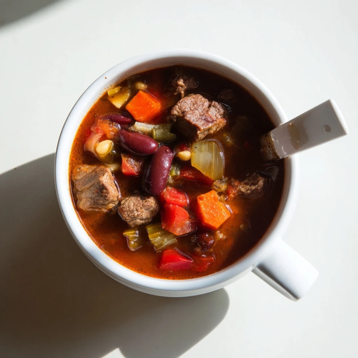 Steaming bowl of savory beef and bean soup delight loaded with tender beef chunks and colorful vegetables in rich broth