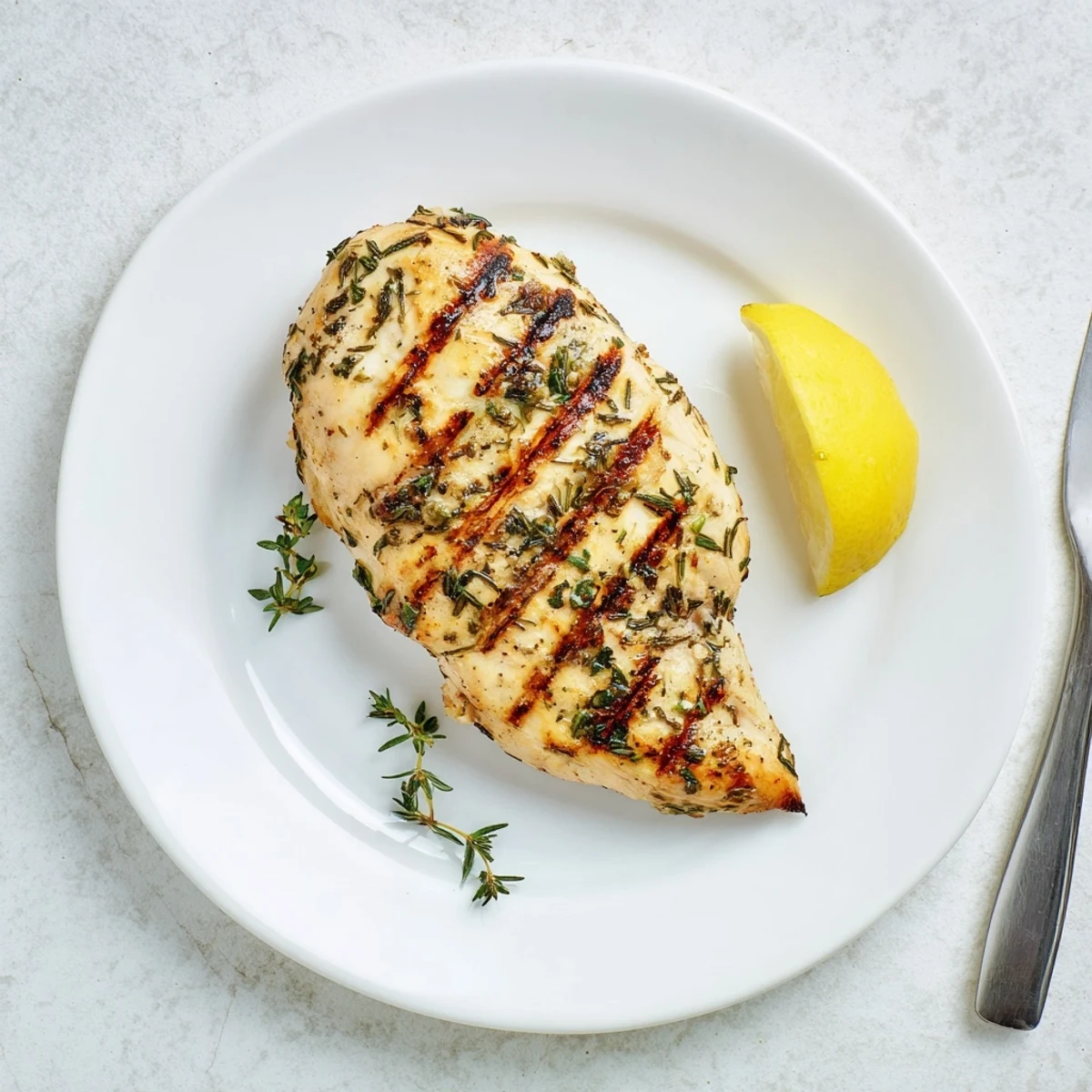 Golden herb rubbed grilled chicken breast with char marks and fresh parsley garnish on white plate