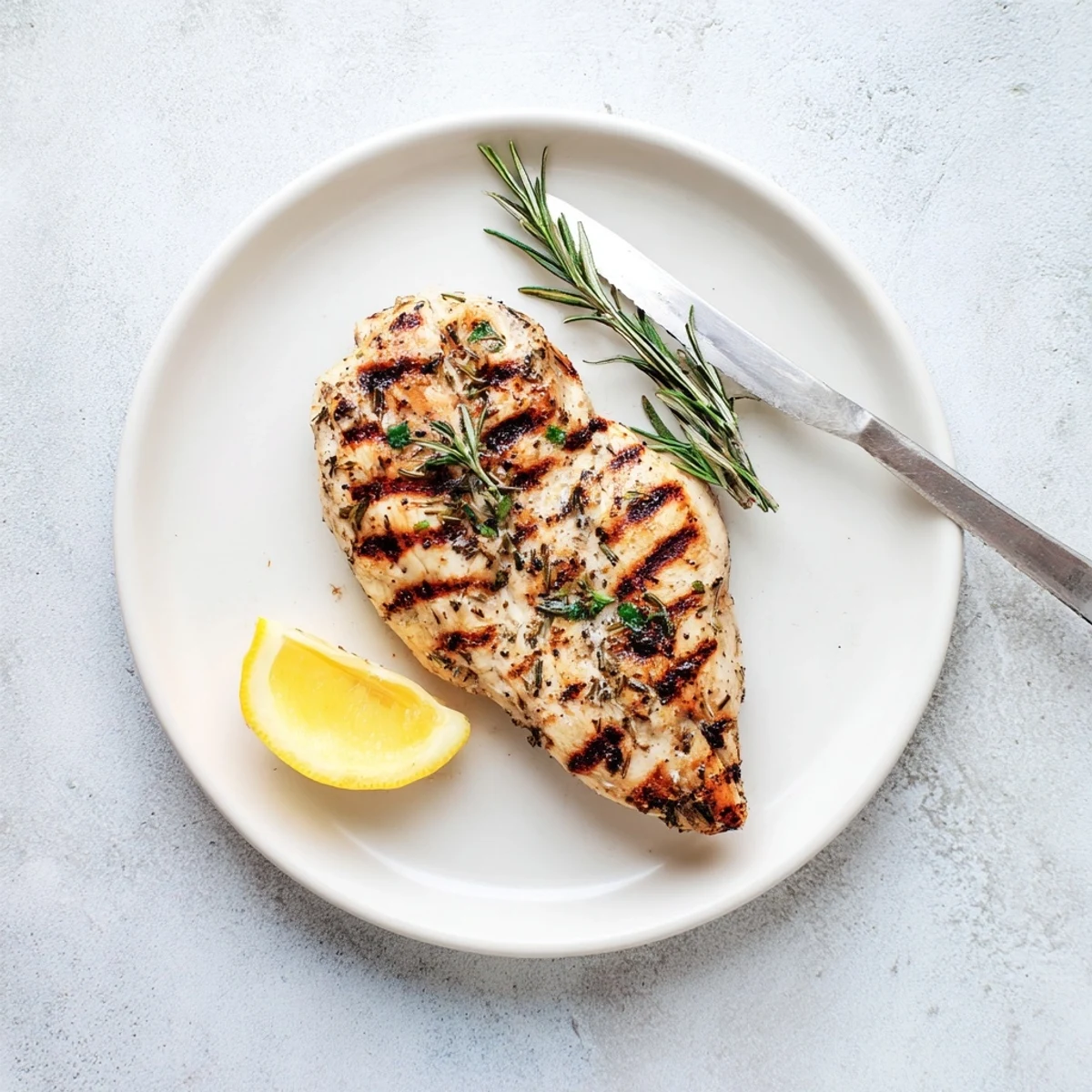Juicy savory herb rubbed grilled chicken delight served with lemon wedges on rustic wooden board