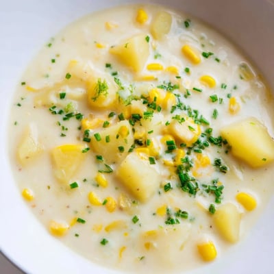 This close-up of Creamy Corn Chowder with Potatoes and Herbs shows golden corn and tender potatoes.