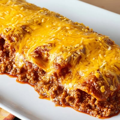 Sliced portions of the layered casserole reveal seasoned ground beef and soft tortillas ready to serve.