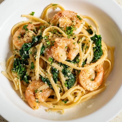 Bright platter of Lemon Garlic Shrimp Pasta with Spinach served with crusty bread and a glass of white wine.
