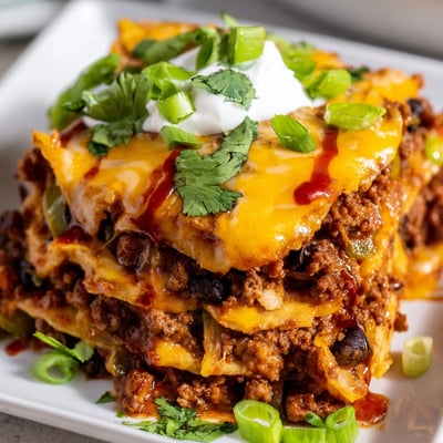Serving suggestion for a warm, family-style beef enchilada casserole, garnished with fresh cilantro and sliced green onions.