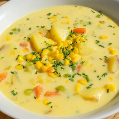 Ladled Creamy Corn Chowder with Potatoes alongside crusty bread, featuring tender corn kernels and diced potatoes.