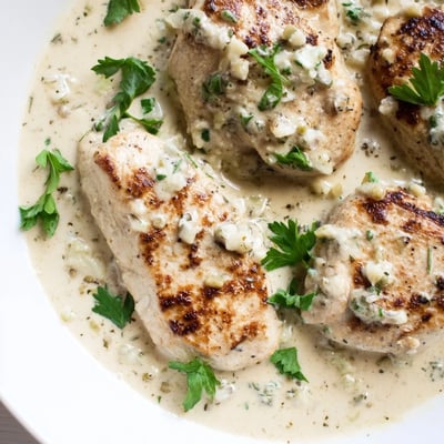 Creamy Boursin Chicken served over fluffy mashed potatoes with fresh parsley garnish.