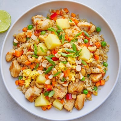 Colorful bowl of Pineapple Chicken Fried Rice with Cashews, garnished with fresh green onions and served with a lime wedge on the side.
